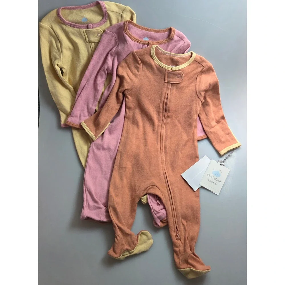 Cloud‎ Island Baby Girls 3 Pack Sleep N Play Footed Pajamas Orange Pink 3-6M NWT